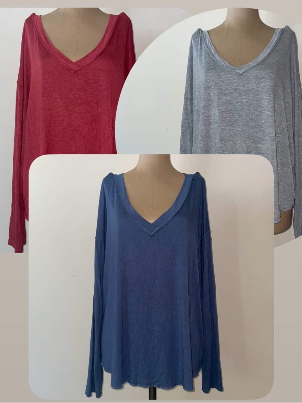 LuLaRoe Long Sleeve V-Neck Tops in Red, Gray, and Blue